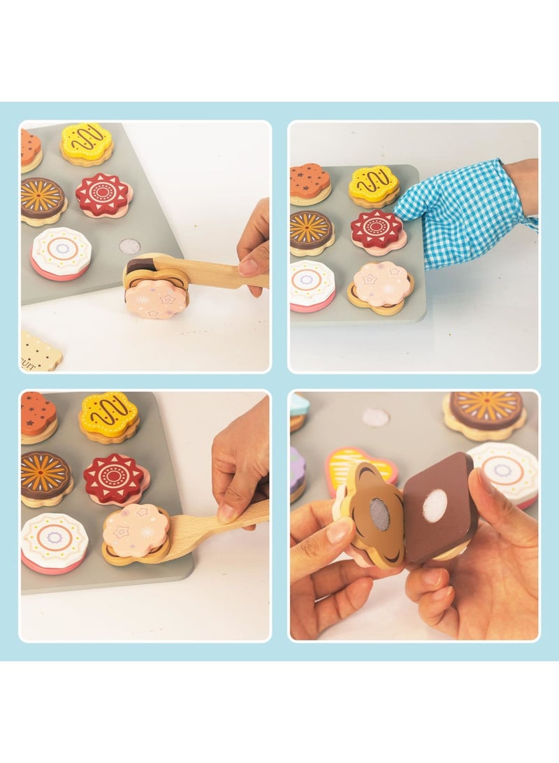 Slice and Bake Wooden Cookie Play Food Set for Kids, Pretend Kitchen Toys with 12 Cookies, Toppings, Knife, Spatula, Mitt  Tray, Educational Role Play Baking Set Gift for Toddlers Boys Girls - Image 3